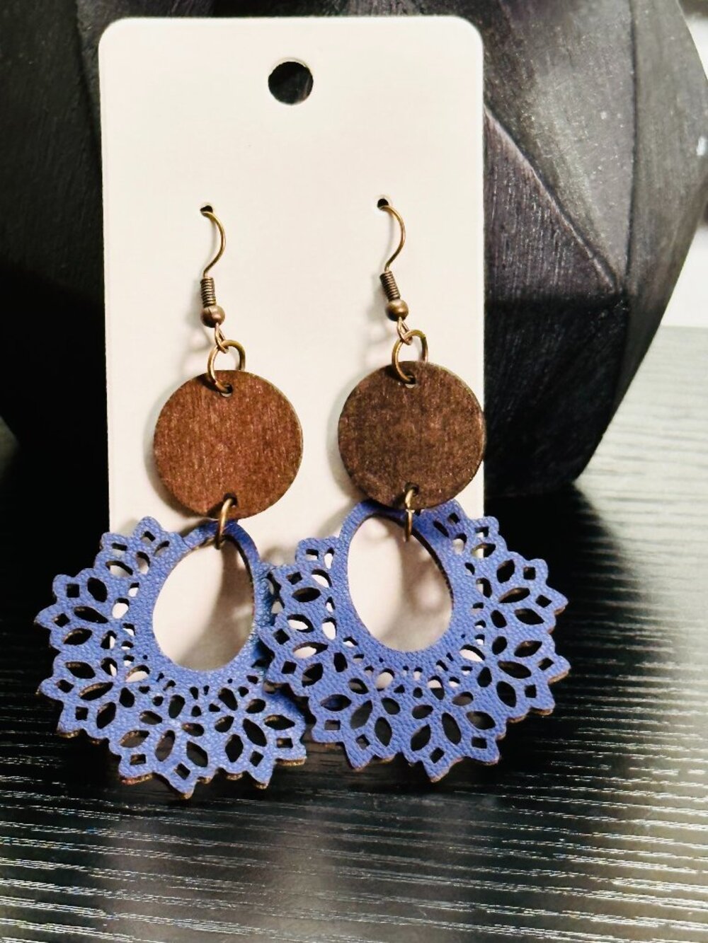 Boho Mixed Media Wood & Blue Perforated Leather Statement Earrings